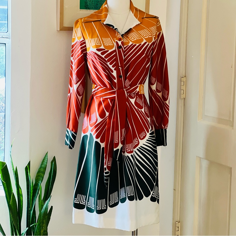 Lanvin Logo Multicolor Printed Long-Sleeve Shirt Dress with Tie Waist
